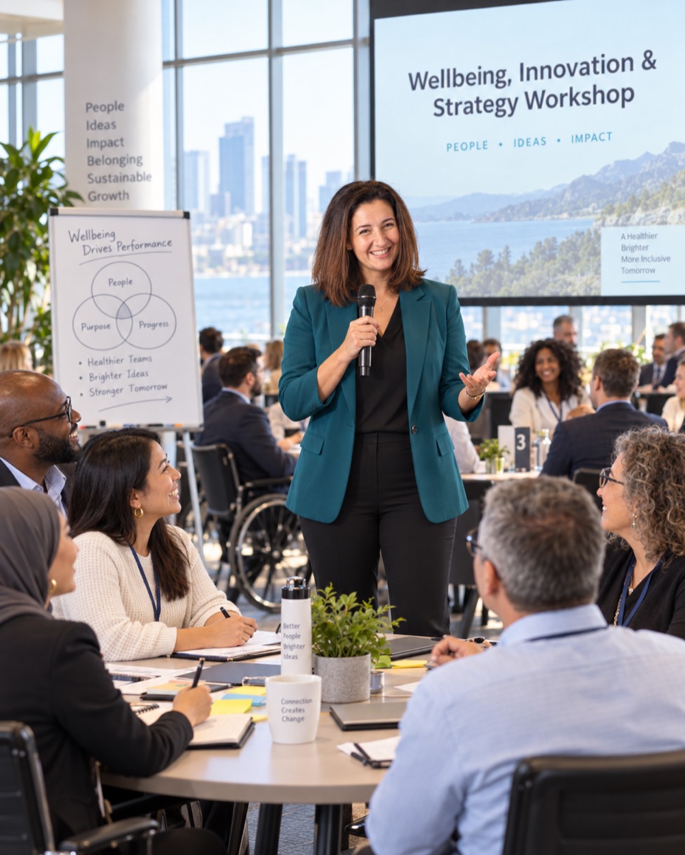 Dr Kati Adeseko presenting a wellbeing, innovation and strategy workshop to a room of participants
